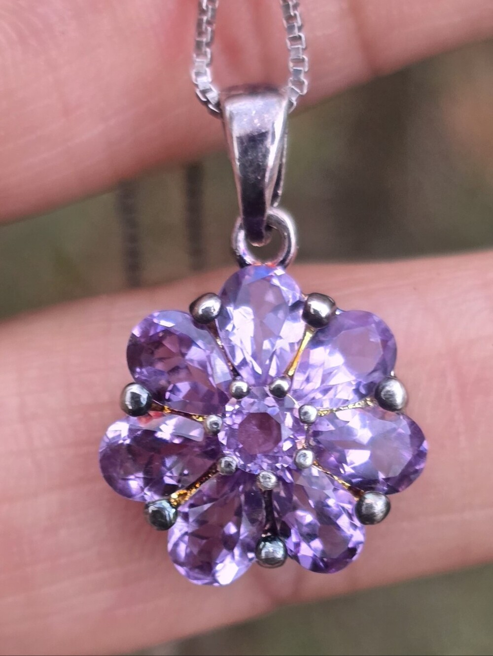 Gorgeous sterling silver 925 amethyst cluster flower bloom snake chain necklace